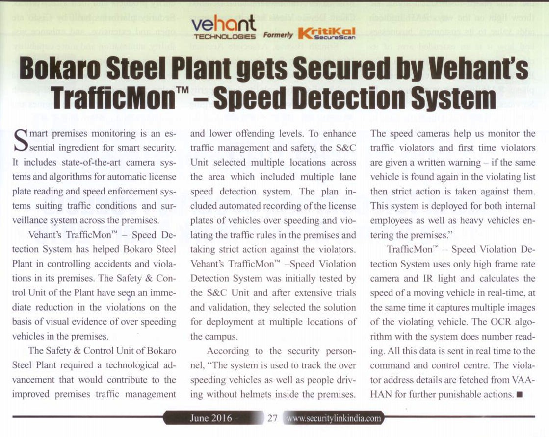 Bokaro Steel Plant secured with Vehant's Speed Detection System -Security Link India